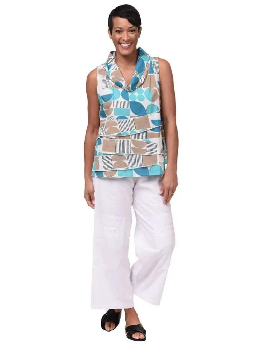 NWT Tulip Clothing Leilani Top Cowl Neck Sleeveless Cotton Tiered Geo Print M
